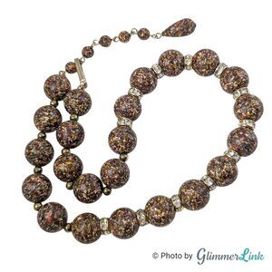Vintage Brown Confetti Beaded Necklace with Rhinestone Rondelles 1950s